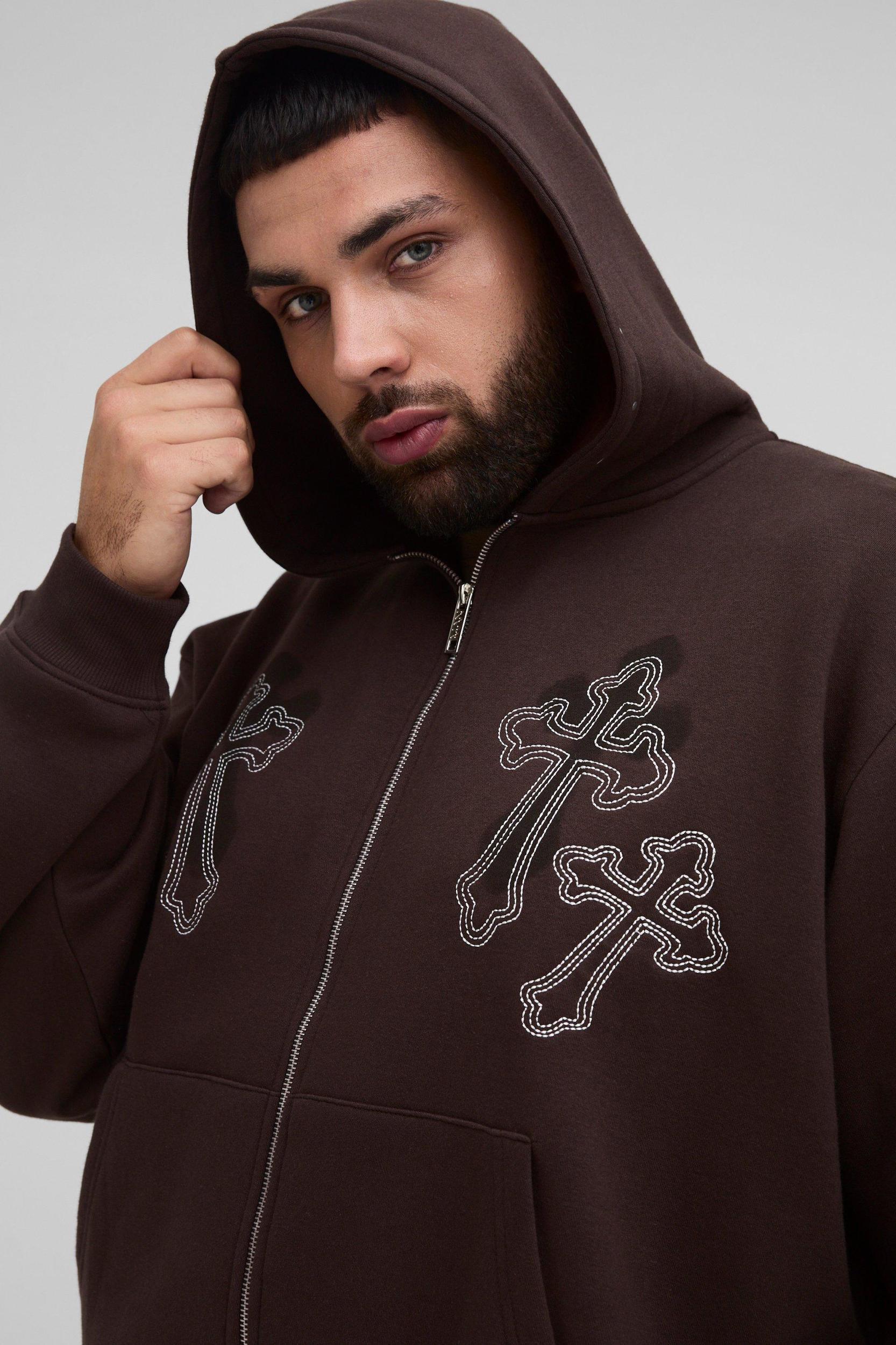 Plus Oversized Boxy Cross Embroidered Zip Through Hoodie | boohooMAN USA Product Image