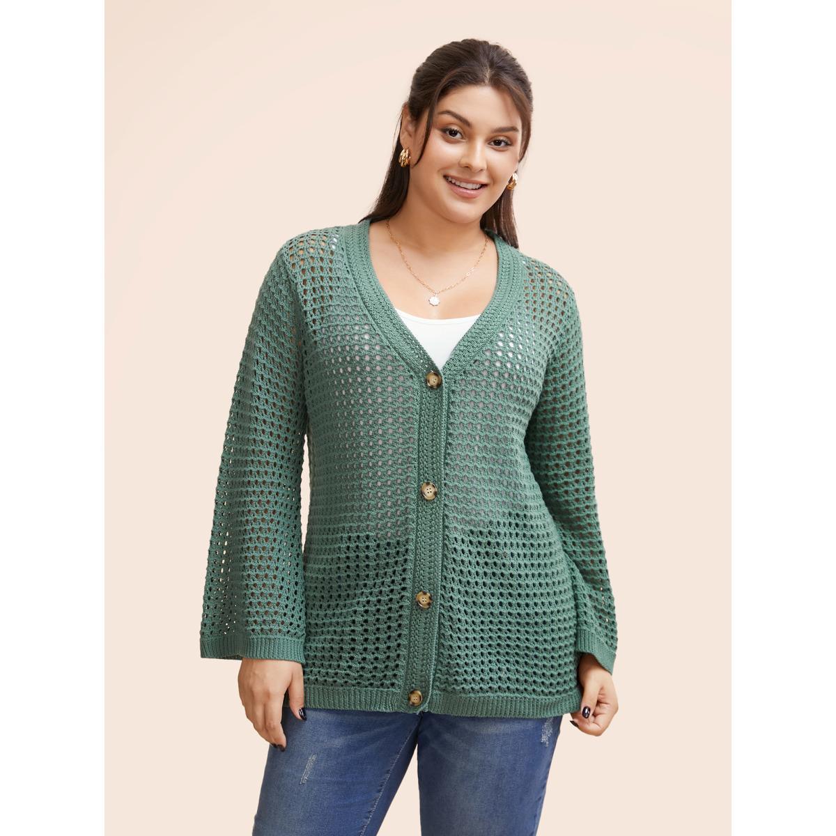Plus Size Cotton Texture Cut Out Bell Sleeve Cardigan Greenbean Women Casual Loose Long Sleeve Everyday Cardigans BloomChic 22-24/3X Product Image