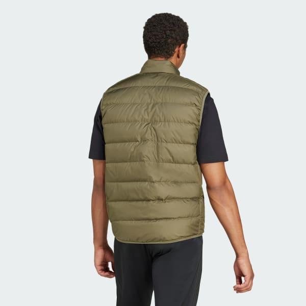 adidas Essentials 3-Stripes Light Down Vest Olive Strata XL Mens Product Image