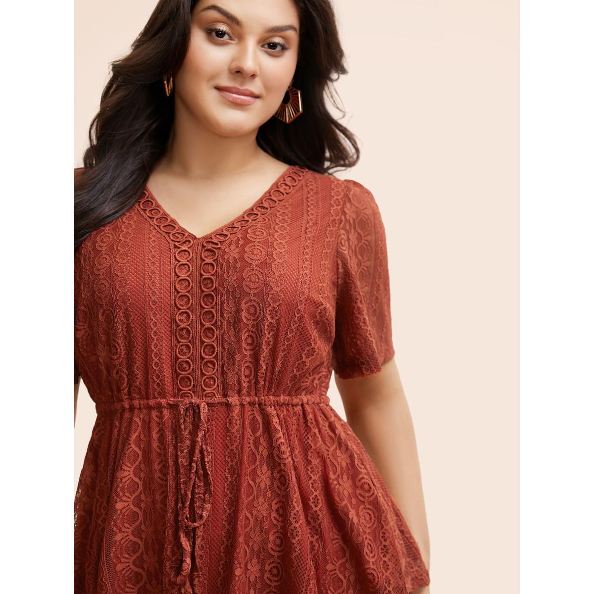 Plus Size Russet V Neck Lace Panel Drawstring Blouse Women Elegant Short sleeve V-neck Everyday Blouses BloomChic 30/6X Product Image