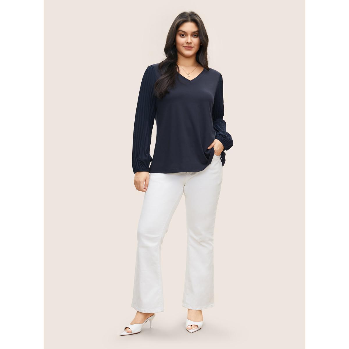 Plus Size Solid Lantern Sleeve Patchwork Pleated T-shirt Midnight Women Casual Pleated Plain V-neck Everyday T-shirts BloomChic 18-20/2X Product Image