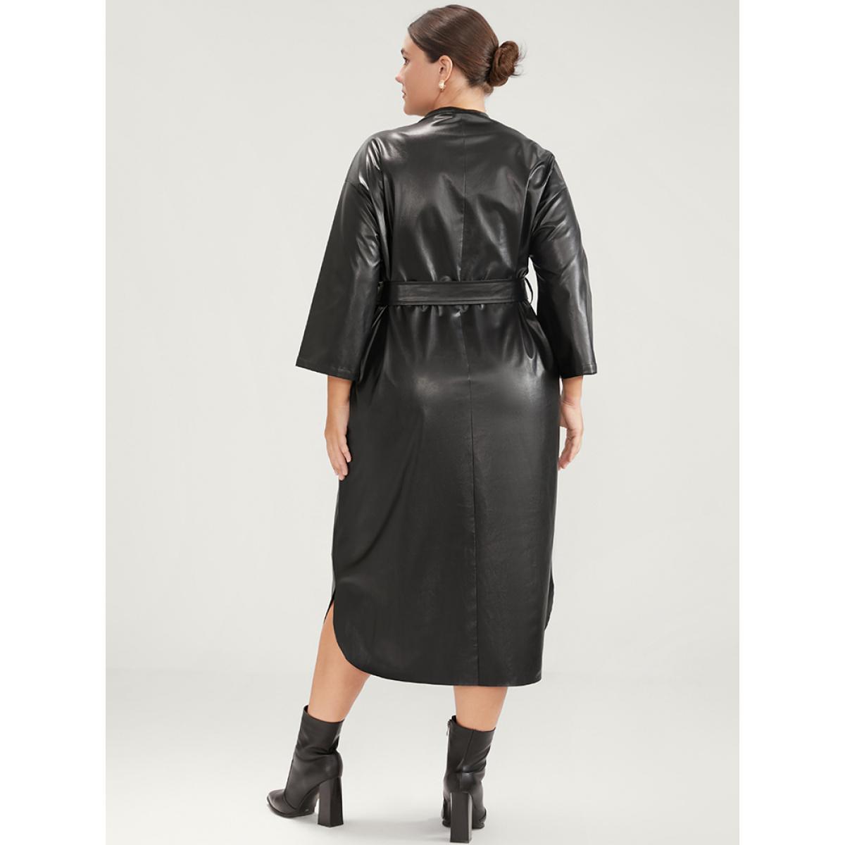 Plus Size PU Leather Pocket Belted Arc Hem Dress Black Women Party Belted V-neck Elbow-length sleeve Curvy Midi Dress BloomChic 22-24/3X Product Image