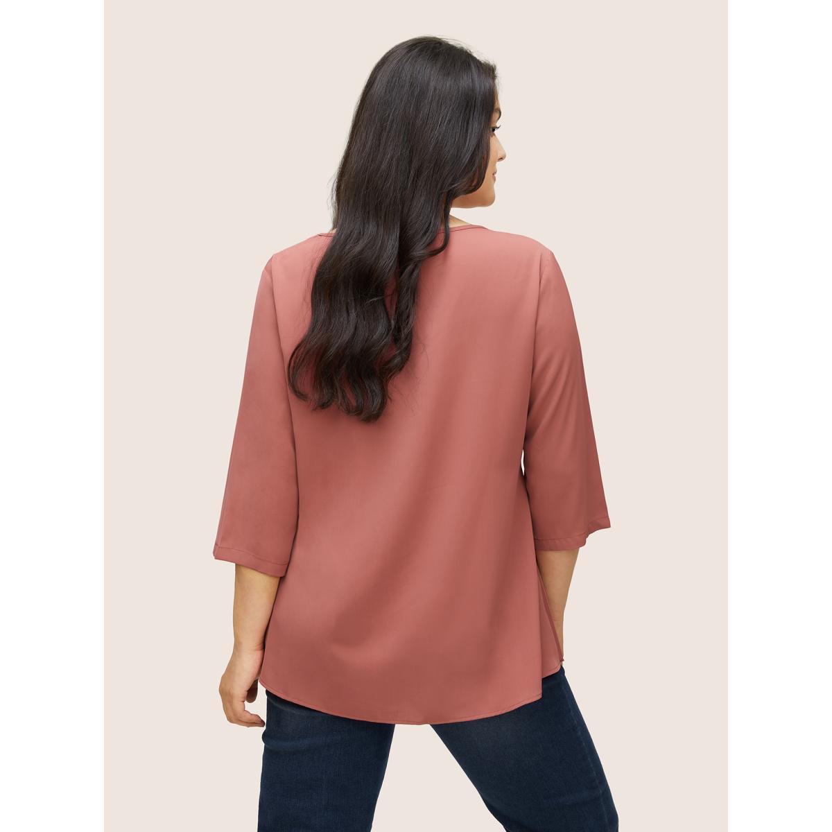 Plus Size DustyPink Static-Free Plain Asymmetrical Hem Patchwork Blouse Women Work From Home Elbow-length sleeve V-neck Work Blouses BloomChic 18-20/2X Product Image