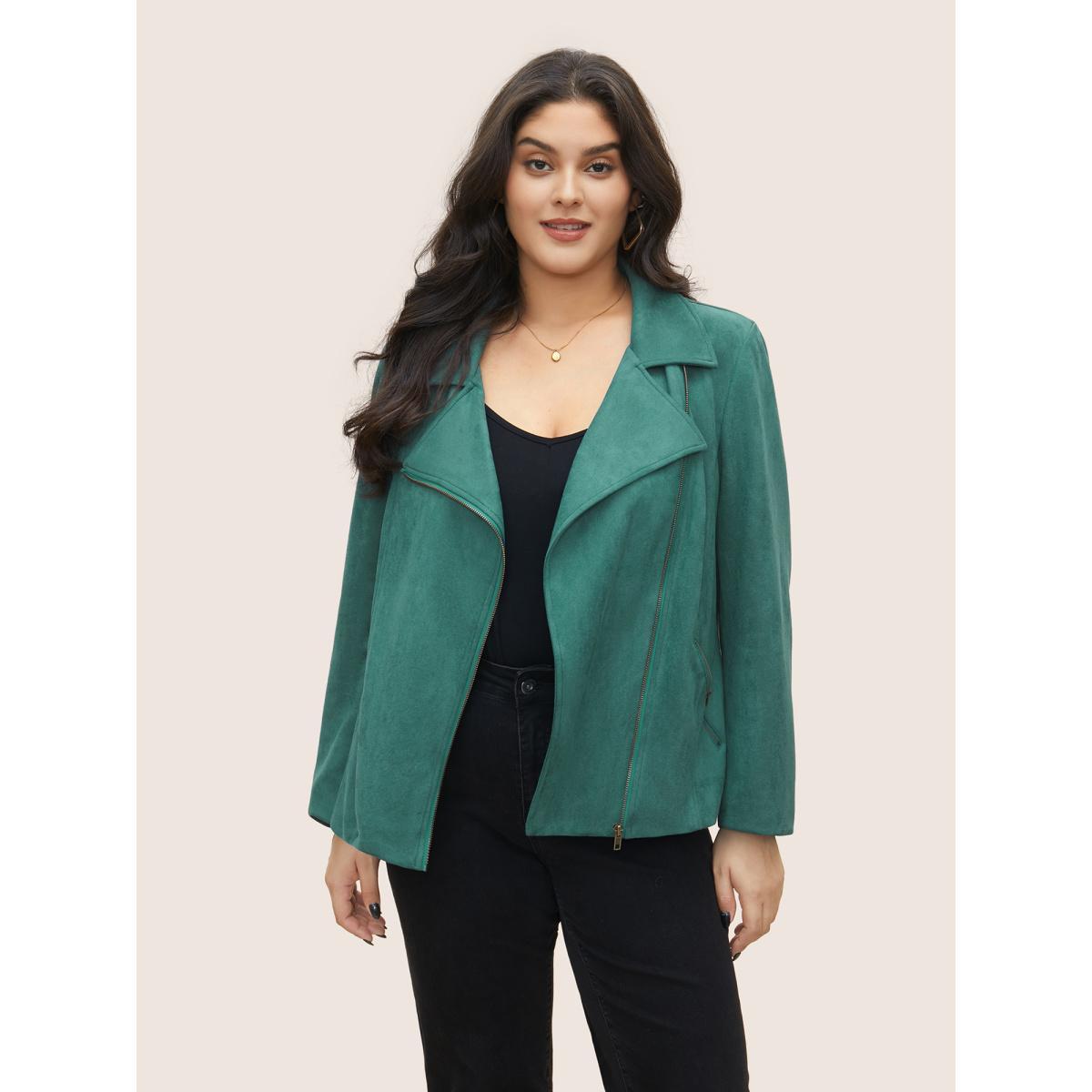 Plus Size Solid Faux Suede Zipper Lapel Collar Jacket Women Emerald Non Zippered pocket Everyday Jackets BloomChic 14-16/1X Product Image