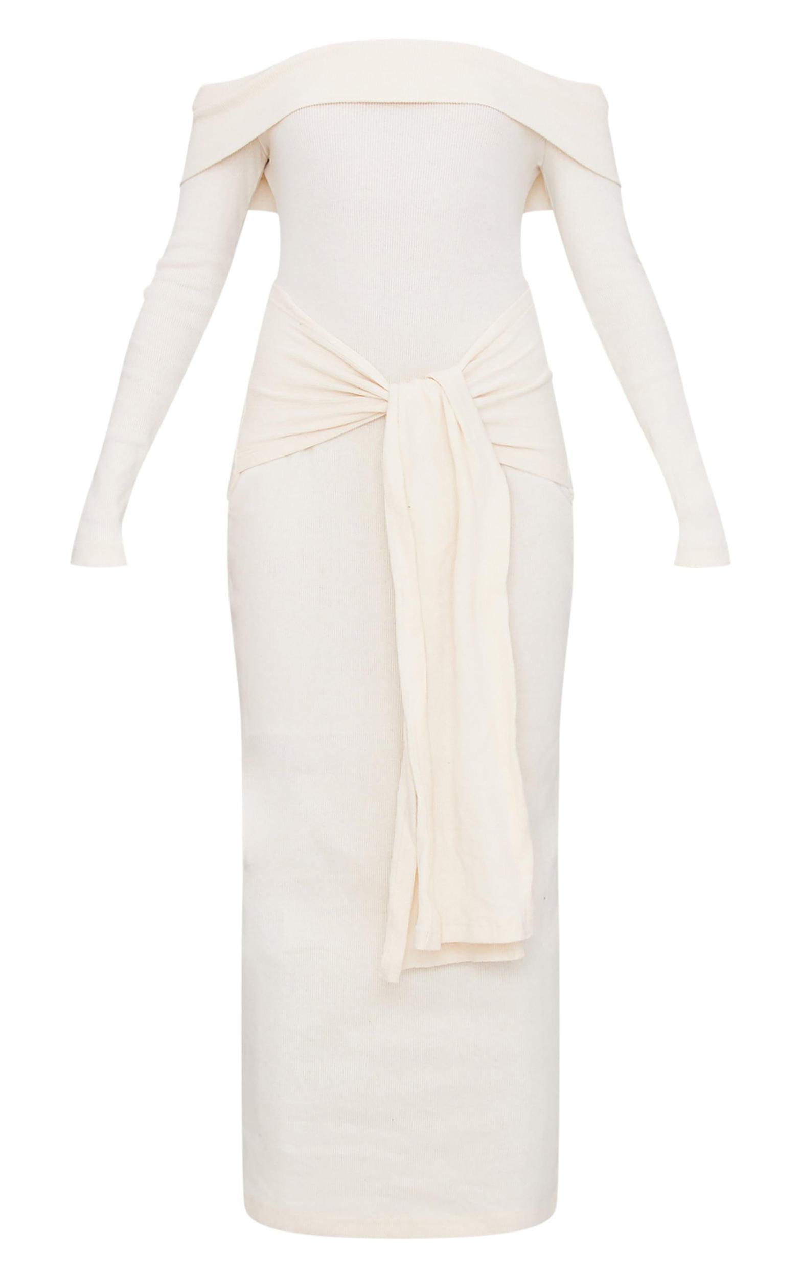 Cream Heavy Brushed Rib Bardot Wrap Detail Maxi Dress Product Image
