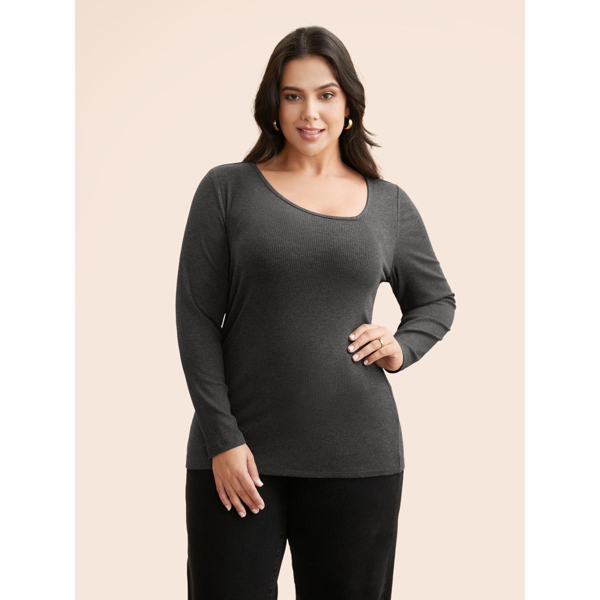 Plus Size Airy Cozy Asymmetrical Neckline T-shirt DimGray Women Casual Texture Asymmetrical Neck Bodycon Everyday T-shirts BloomChic 14-16/1X Product Image