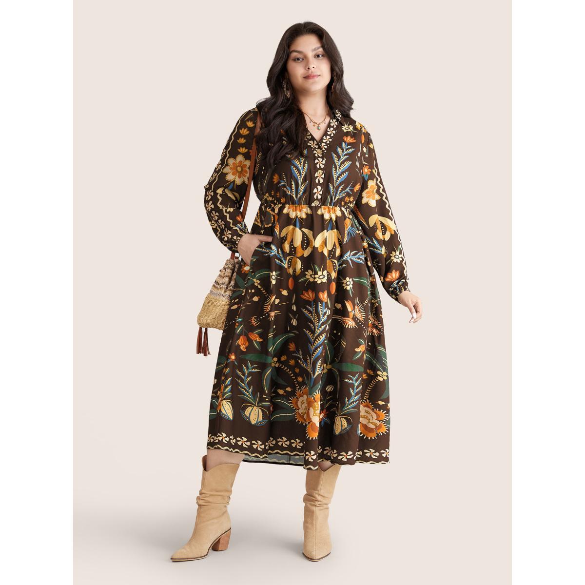 Plus Size Bandana Print Pocket Lapel Collar Elastic Cuffs Dress DarkBrown Women Resort Non V-neck Long Sleeve Curvy Midi Dress BloomChic 14-16/1X Product Image