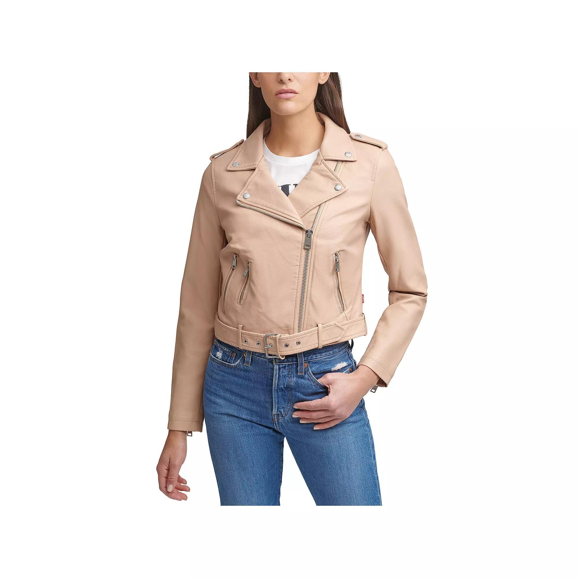 Womens Levis Belted Faux Leather Motorcycle Jacket Ivory Product Image