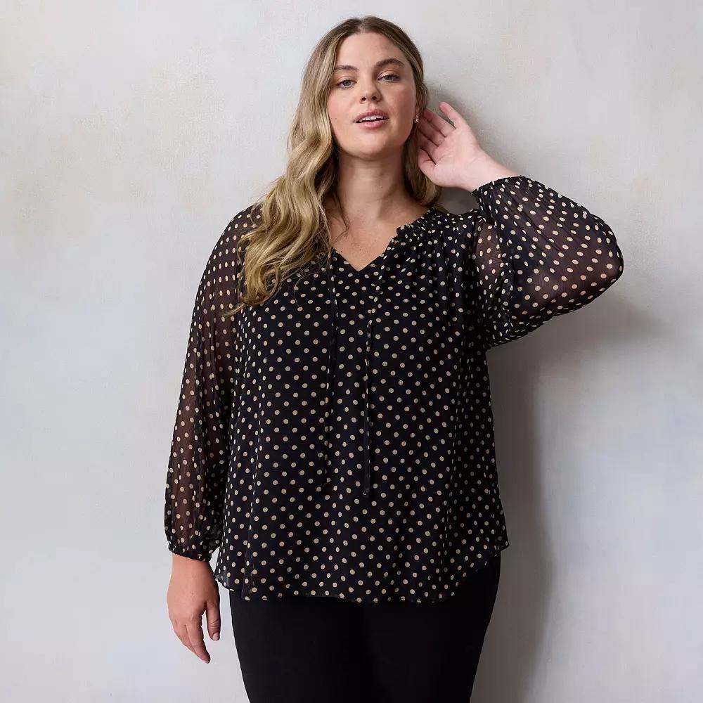 Plus Size LC Lauren Conrad Tie Front Peasant Top, Women's, Size: 2XL, Black Clara Dot Product Image