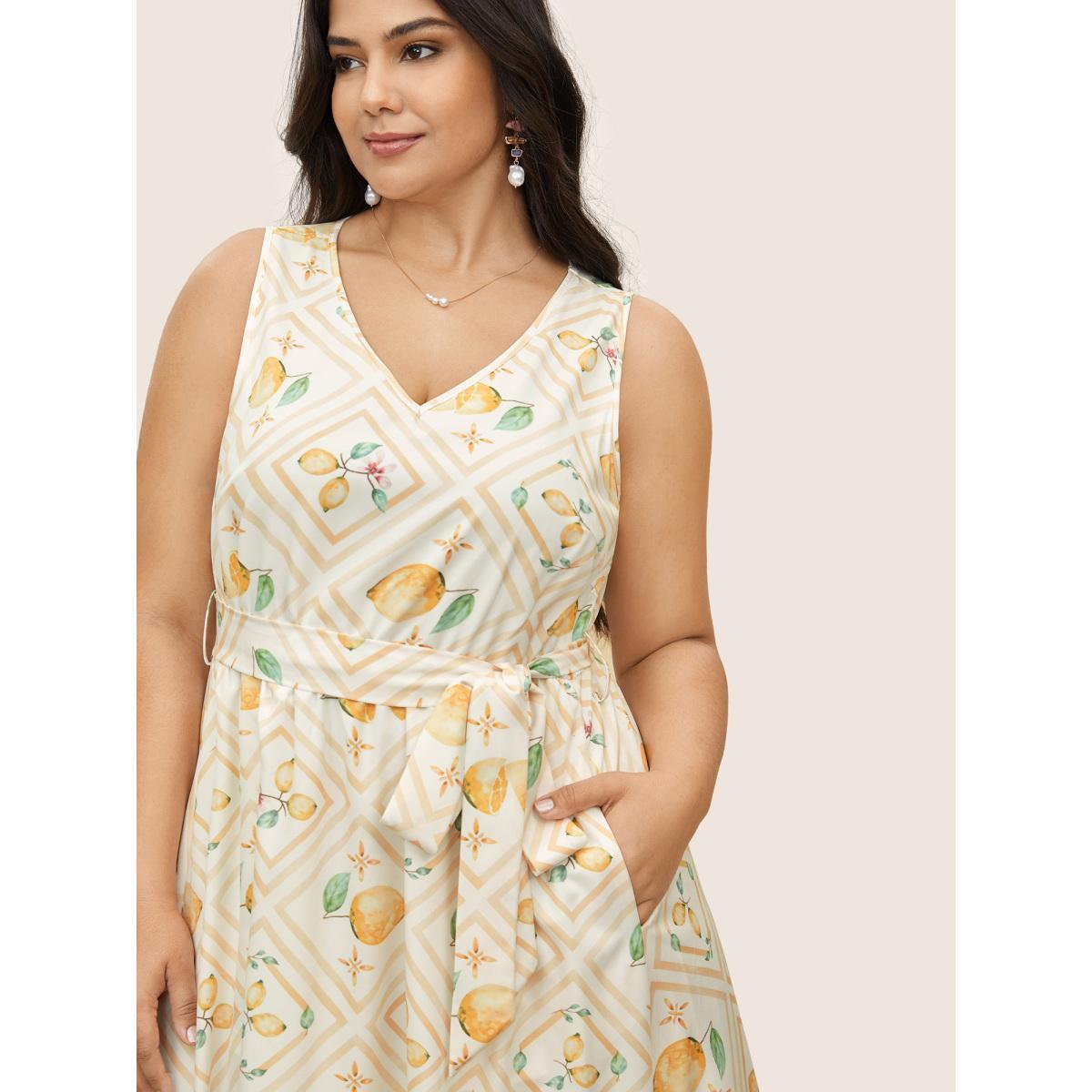 Plus Size Citrus Lemon Print Gathered Belted Tank Dress Ivory Women Elegant Belted V-neck Sleeveless Curvy Midi Dress BloomChic 10/M Product Image