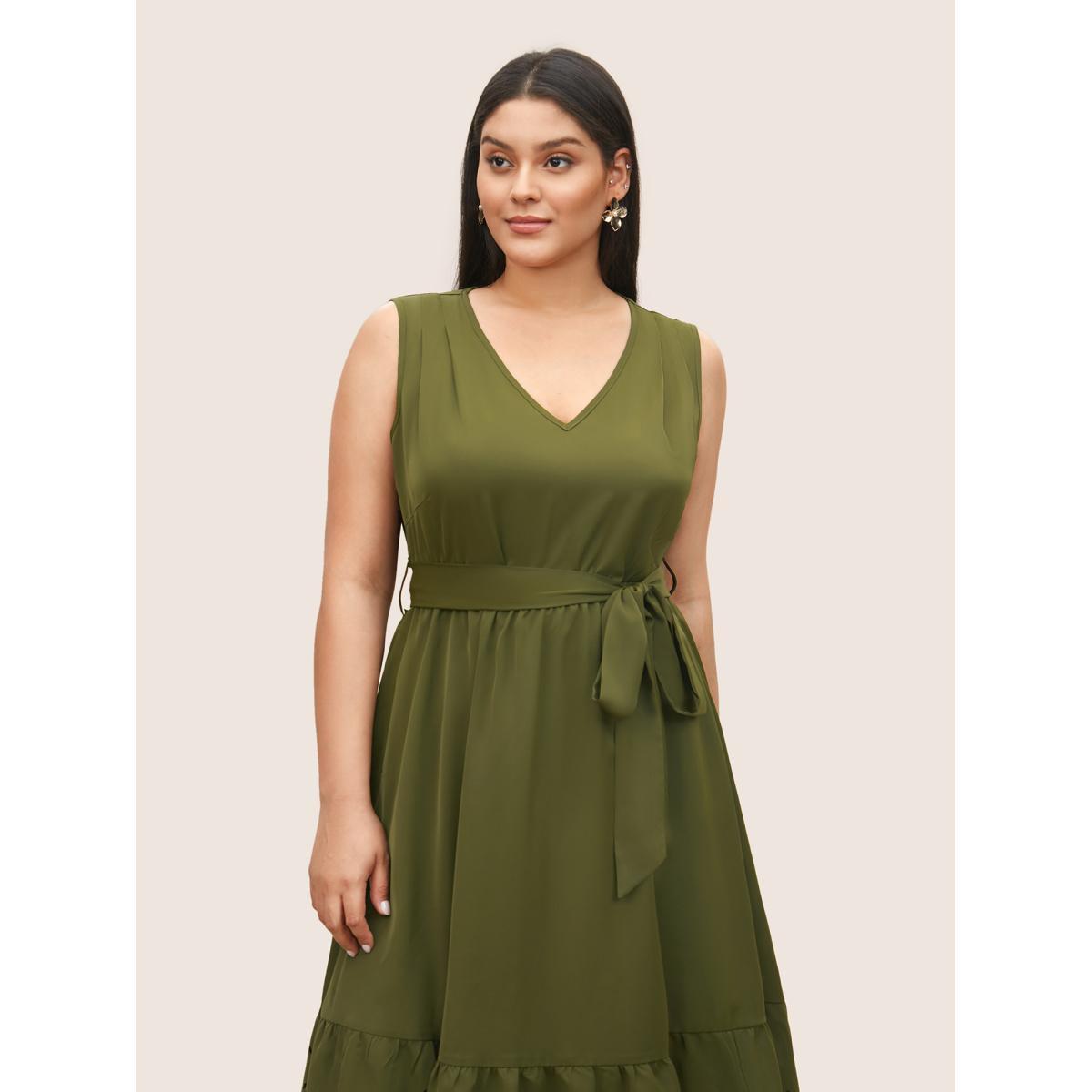 Plus Size Plain Laser Cut Belted Gathered Dress ArmyGreen Women At the Office Gathered V-neck Sleeveless Curvy Midi Dress BloomChic 10/M Product Image