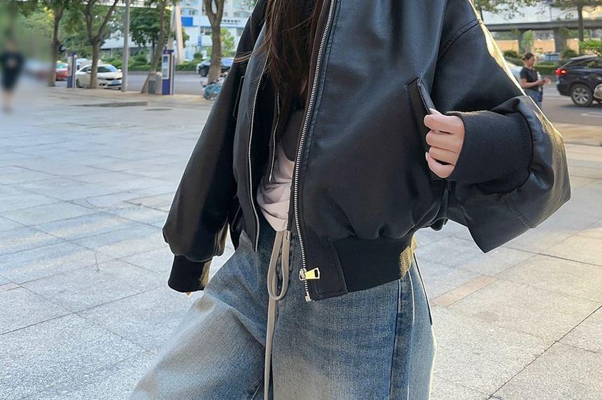 Plain Zip Hoodie / Plain Faux Leather Zip Baseball Jacket Product Image