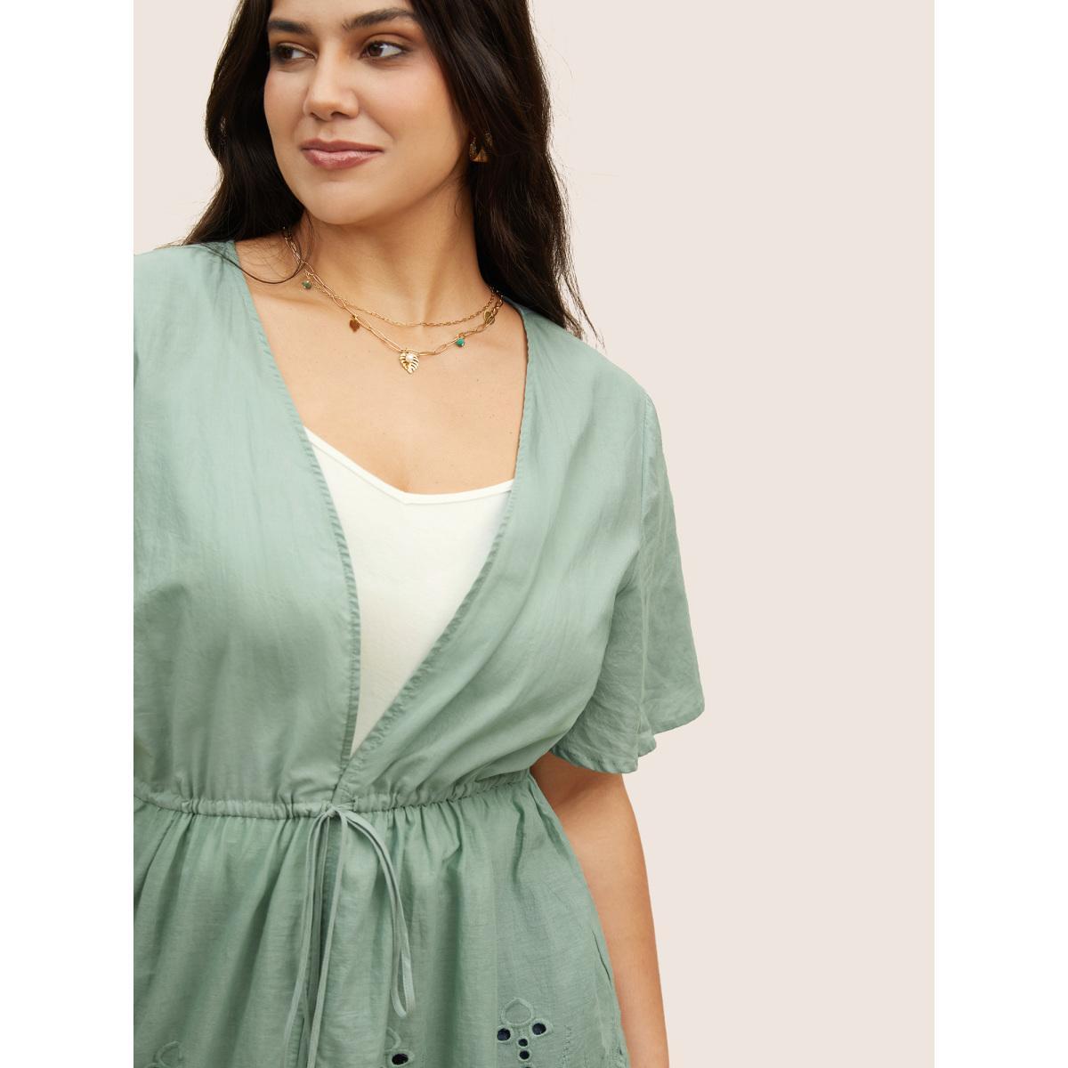 Plus Size Plain Broderie Anglaise Drawstring Kimono Women Mint Resort Embroidered Vacation Kimonos BloomChic 18-20/2X Product Image