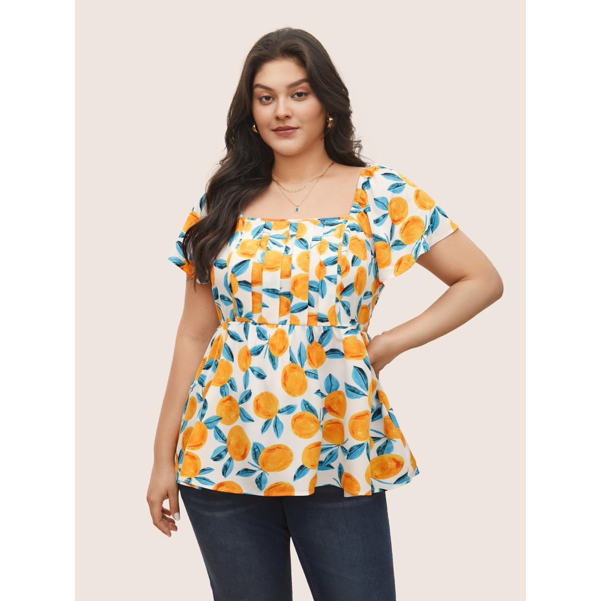 Plus Size Ivory Citrus Square Neck Orange Print Pleated Blouse Women Elegant Short sleeve Square Neck Everyday Blouses BloomChic 18-20/2X Product Image
