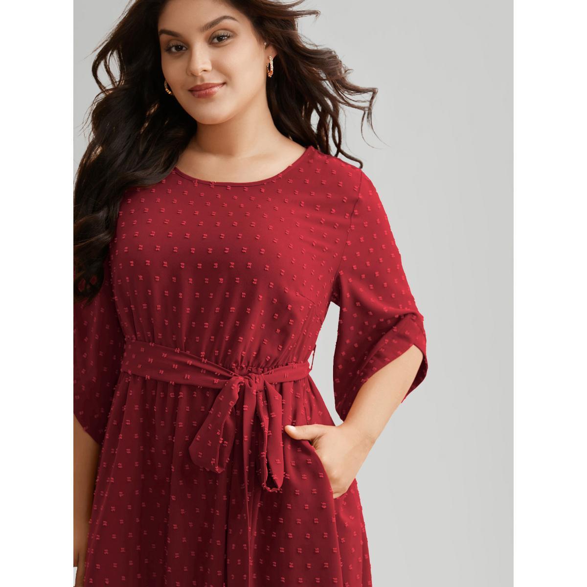 Plus Size Textured Bell Sleeve Belted Arc Hem Dress Deepred Women Elegant Texture Round Neck Elbow-length sleeve Curvy BloomChic 18-20/2X Product Image