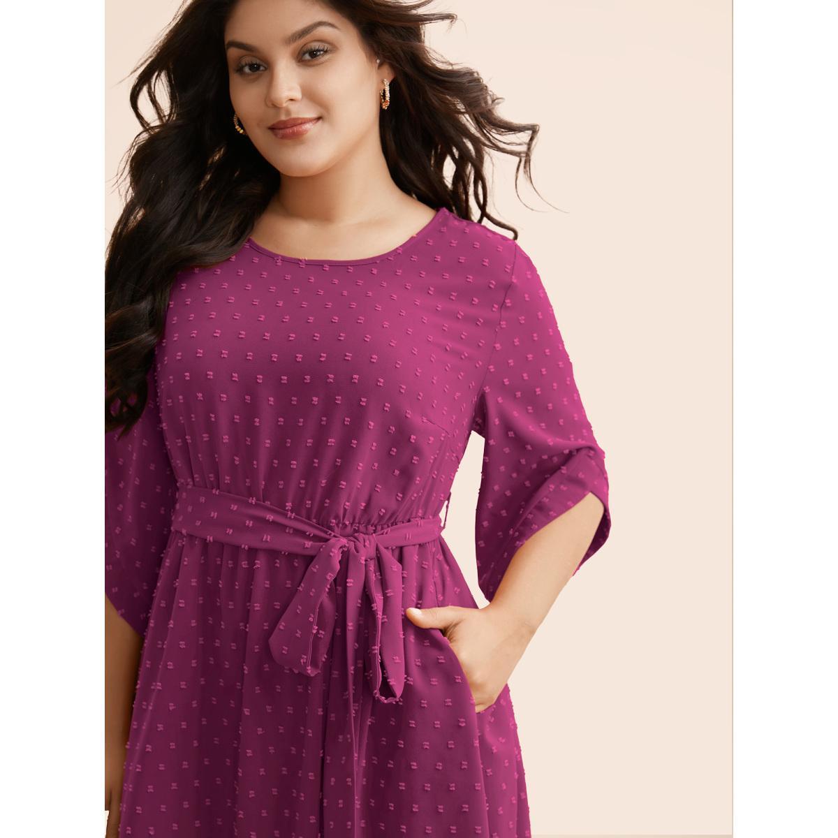 Plus Size Textured Bell Sleeve Belted Arc Hem Dress RedViolet Women Elegant Texture Round Neck Elbow-length sleeve Curvy BloomChic 22-24/3X Product Image