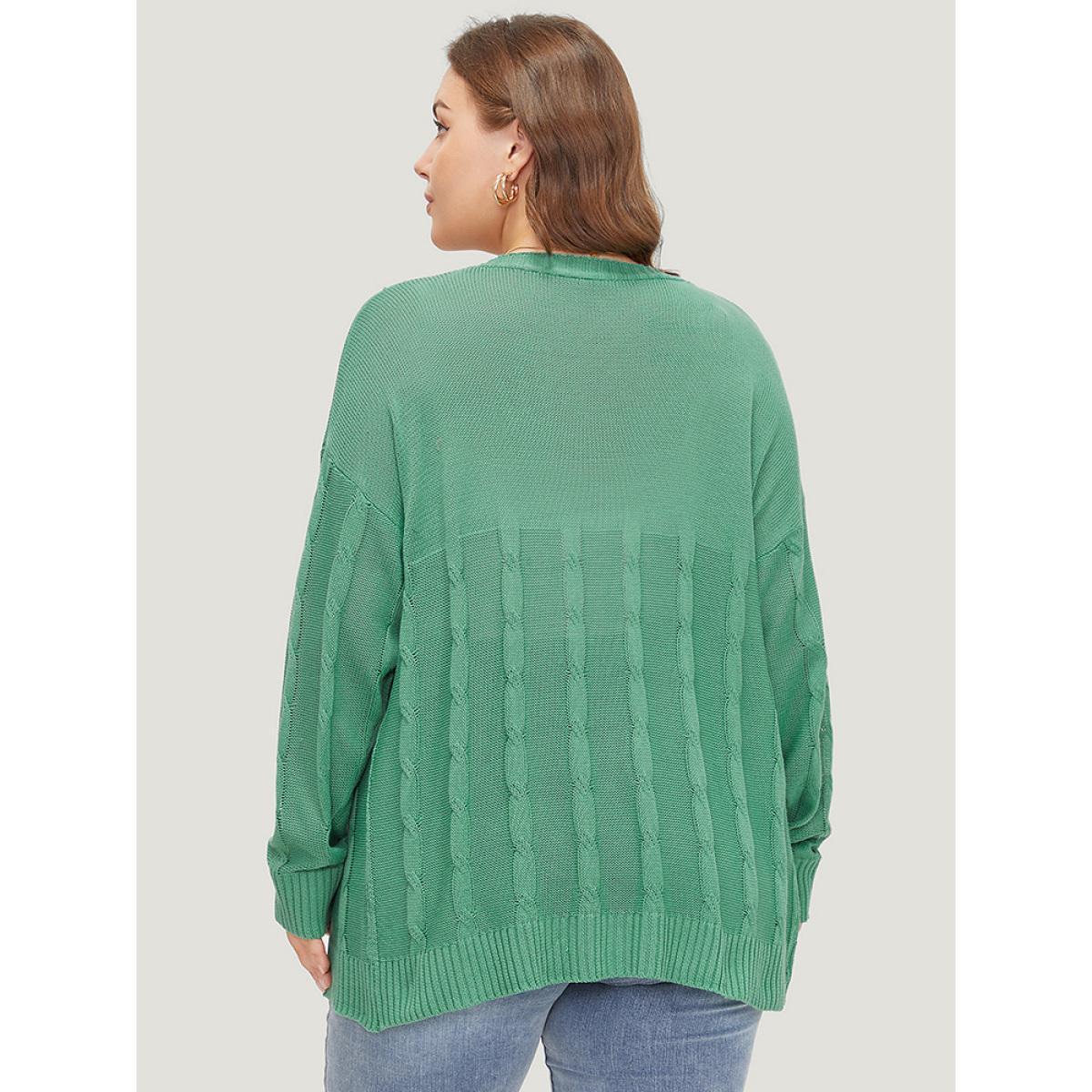 Plus Size Solid Ties Front Cable Knit Cardigan Green Women Casual Long Sleeve Dailywear Cardigans BloomChic 14-16/1X Product Image