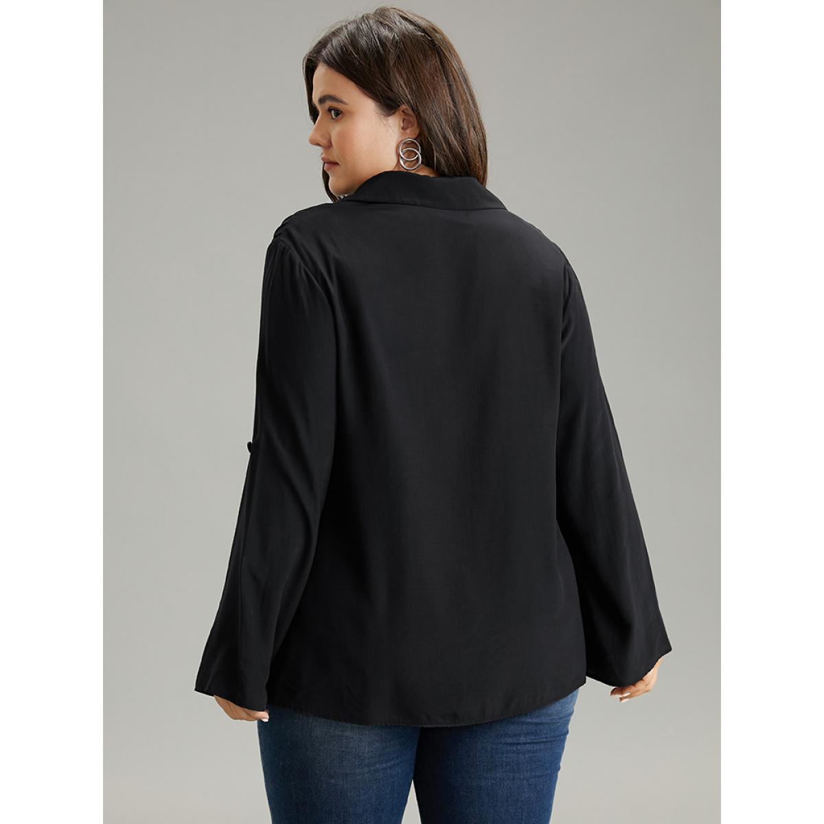 Plus Size Black Solid Button Through Roll Tab Sleeve Blouse Women Office Long Sleeve Shirt collar Work Blouses BloomChic 10/M Product Image
