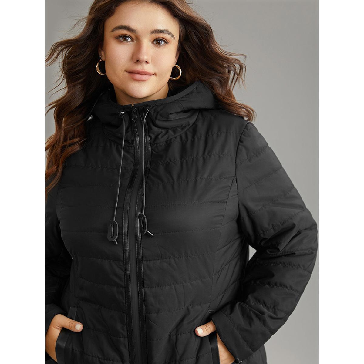 Plus Size Drawstring Patchwork PU Leather Zipper Jacket Women Black Casual Lined Ladies Everyday Winter Coats BloomChic 14-16/1X Product Image