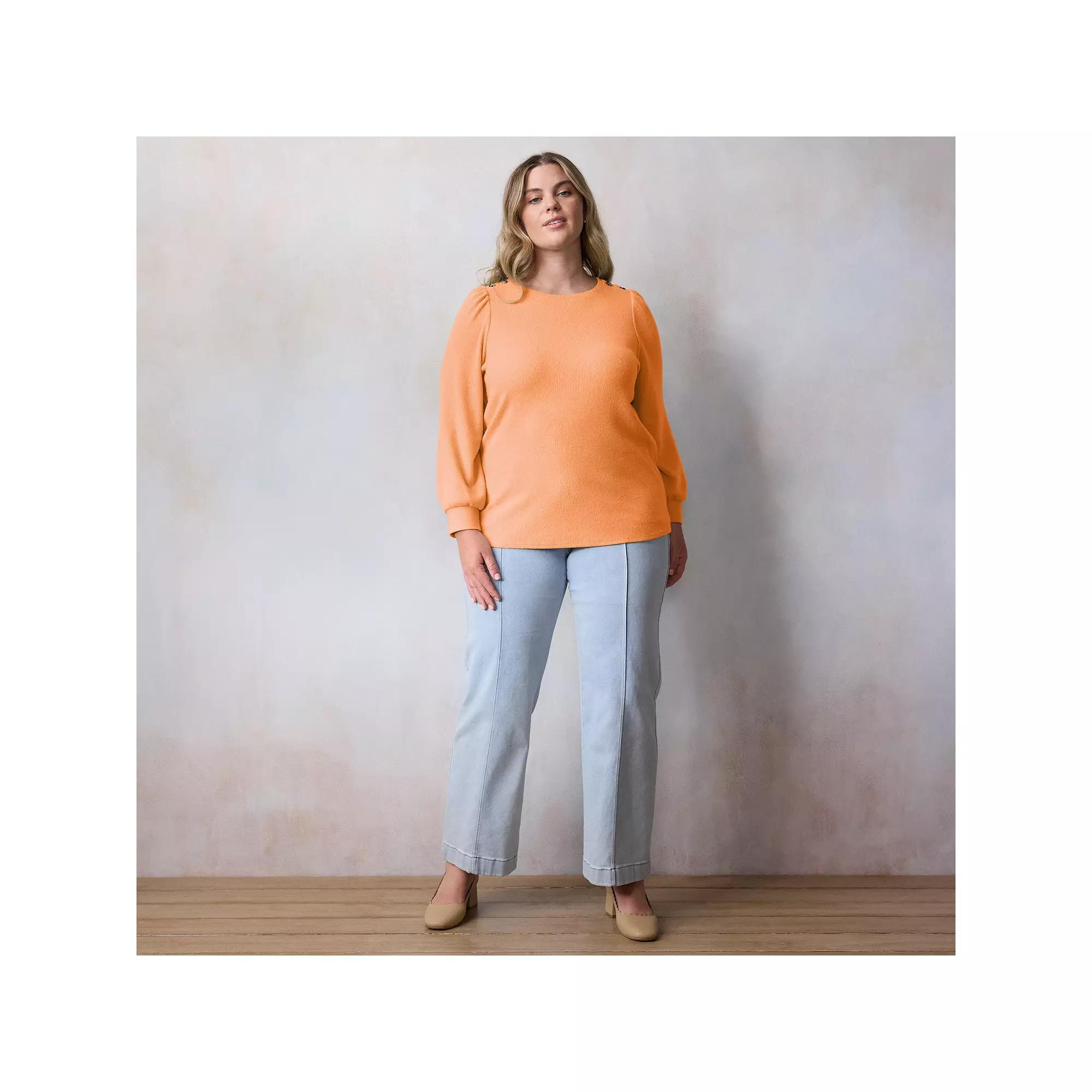 Plus Size LC Lauren Conrad High Cuff Crewneck Top, Womens Orange Gloss Product Image