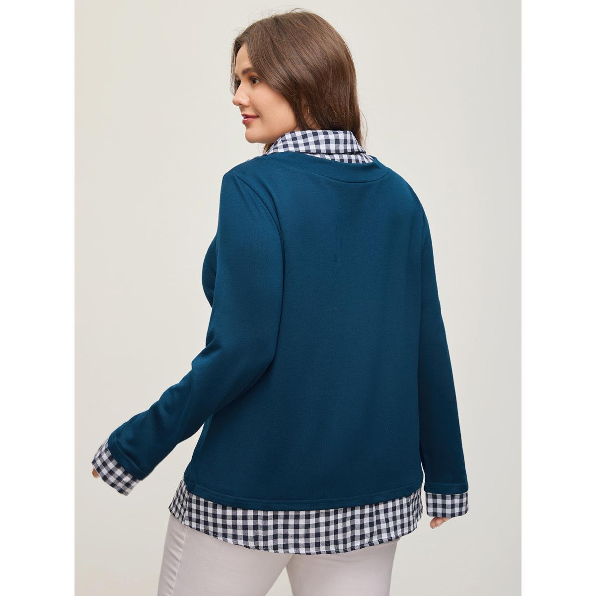 Plus Size Gingham Patchwork Shirt Collar Arc Hem Sweatshirt Women Blue Casual Patchwork V-neck Everyday Sweatshirts BloomChic 14-16/1X Product Image