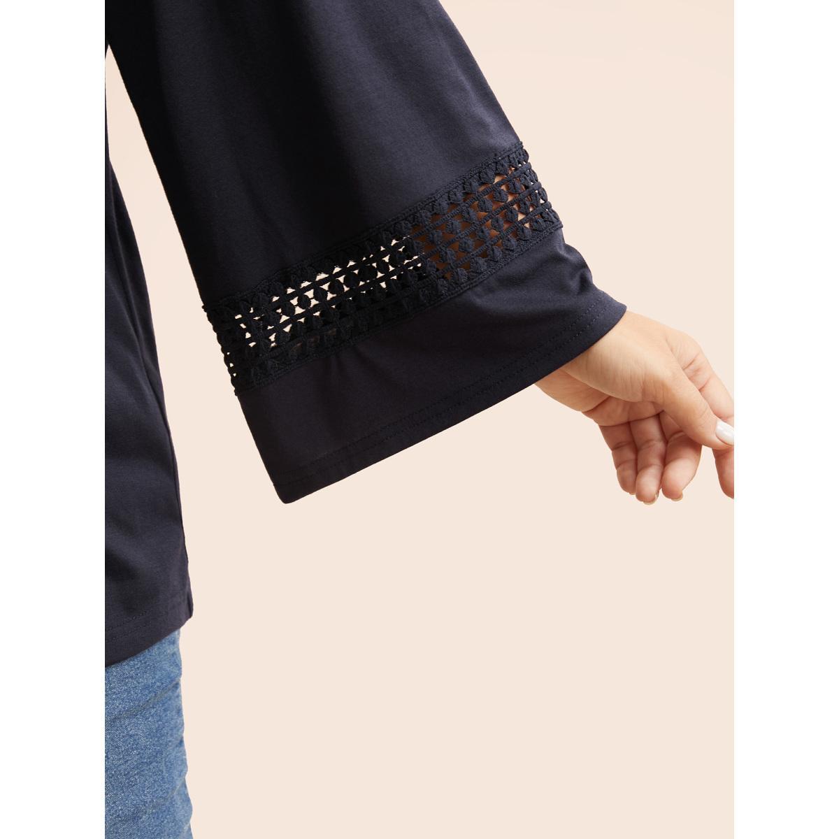 Plus Size Round Neck Lace Trim Raglan Sleeve T-shirt Indigo Women Casual Gathered Round Neck Everyday T-shirts BloomChic 22-24/3X Product Image
