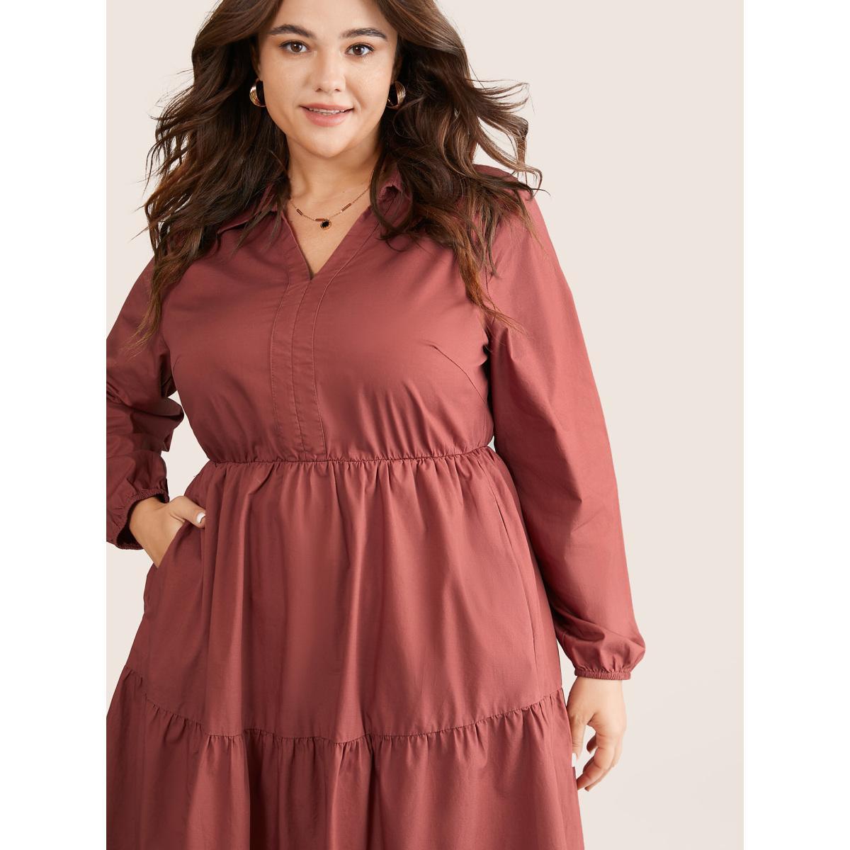 Plus Size Lapel Collar Gathered Pocket Lantern Sleeve Dress Russet Women Casual Gathered Lapel Collar Long Sleeve Curvy Knee Dress BloomChic 28/5X Product Image