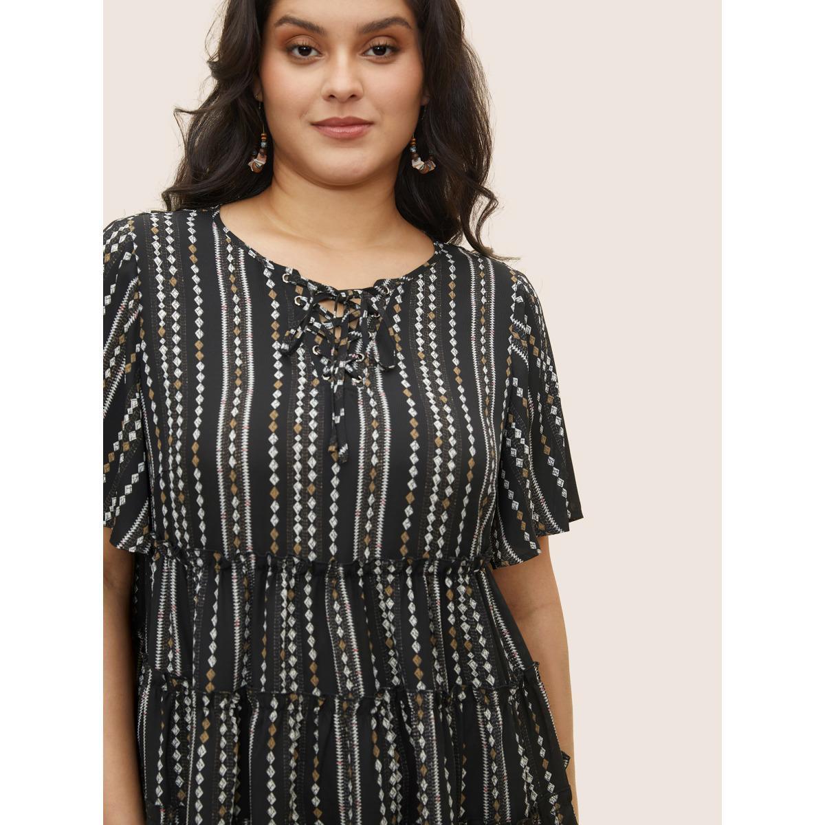 Plus Size Black Boho print Tiered Ruffle Hem Frill Trim Blouse Women Resort Short sleeve Round Neck Vacation Blouses BloomChic 22-24/3X Product Image
