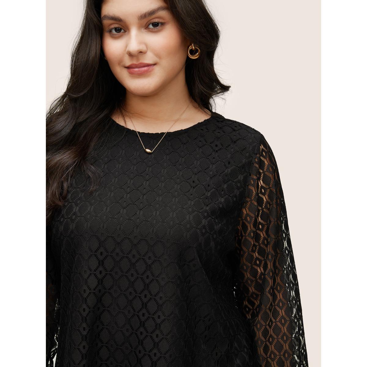 Plus Size Black Geometric Lace Panel Round Neck Blouse Women Elegant Long Sleeve Round Neck Party Blouses BloomChic 26/4X Product Image