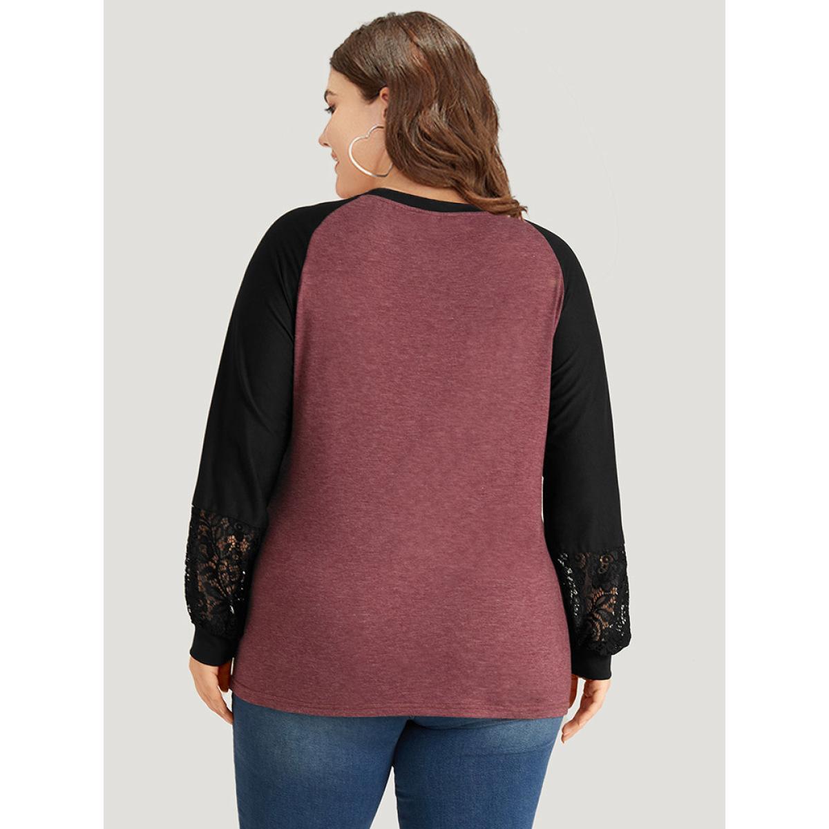Plus Size Round Neck Lace Patchwork Raglan Sleeve T-shirt Russet Women Elegant Elastic cuffs Plain Round Neck Dailywear T-shirts BloomChic 10/M Product Image