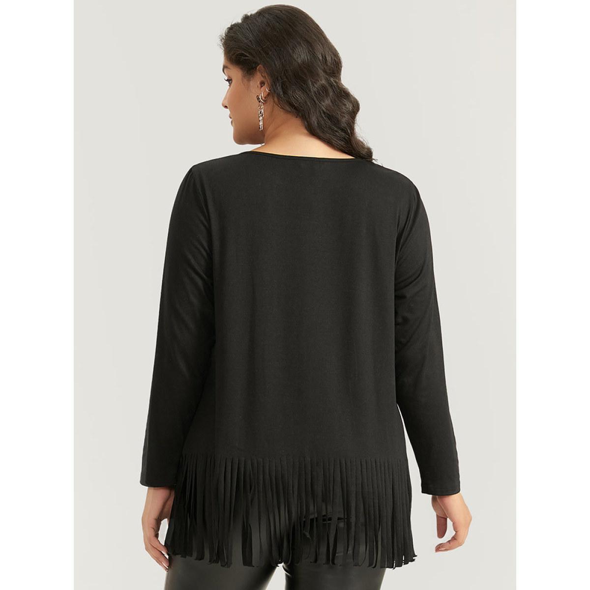 Plus Size Halloween Skull Rhinestone Fringe Trim T-shirt Black Women Casual Tassels Halloween Festival-Halloween T-shirts BloomChic 18-20/2X Product Image