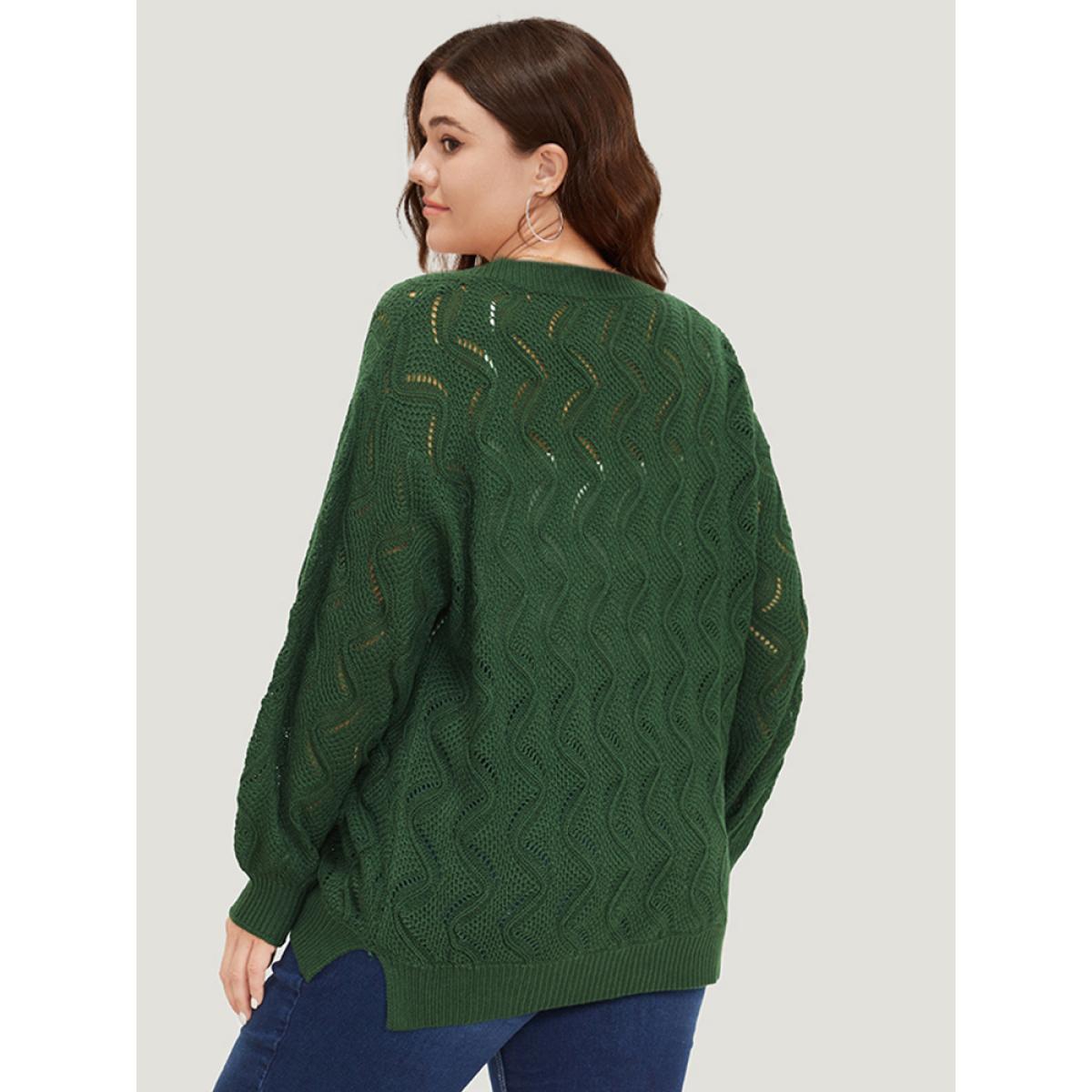 Plus Size Plain Hollow Out V Neck Pullover DarkGreen Women Casual Loose Long Sleeve V-neck Everyday Pullovers BloomChic 30/6X Product Image