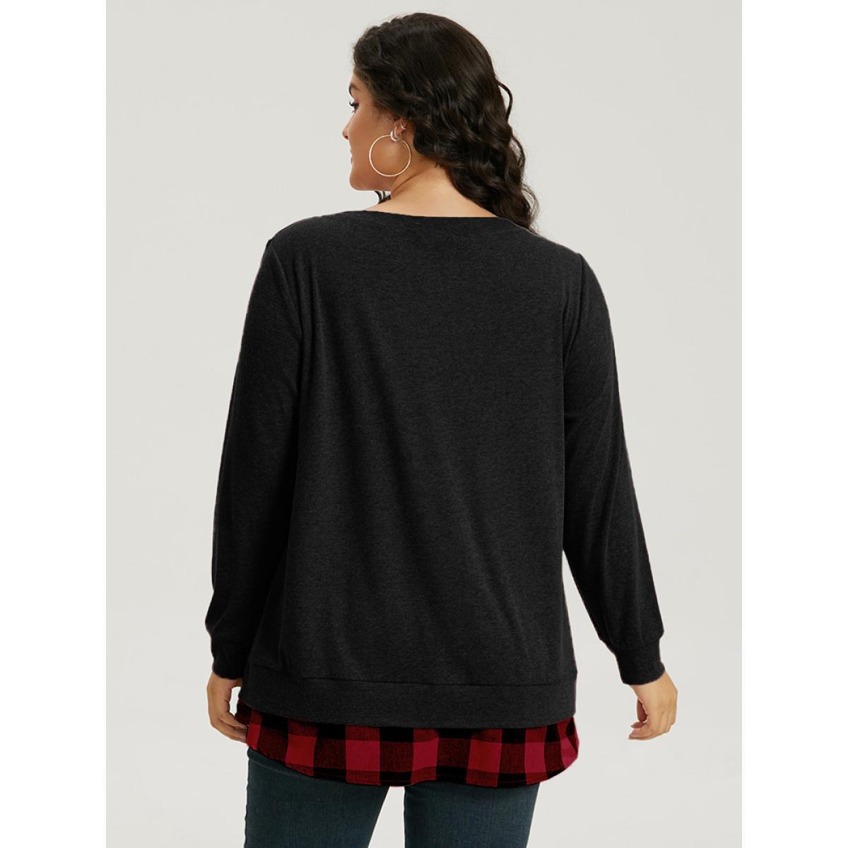Plus Size Heather Plaid Patchwork Crew Neck T-shirt Black Women Casual Heather Plaid Round Neck Everyday T-shirts BloomChic 10/M Product Image