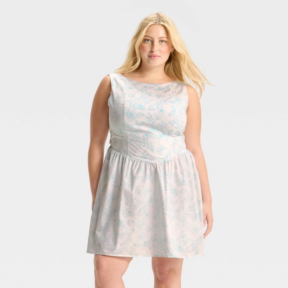 Women's Bow Back Mini A-Line Dress - Wild Fable™ Sky Blue Floral 4X Product Image
