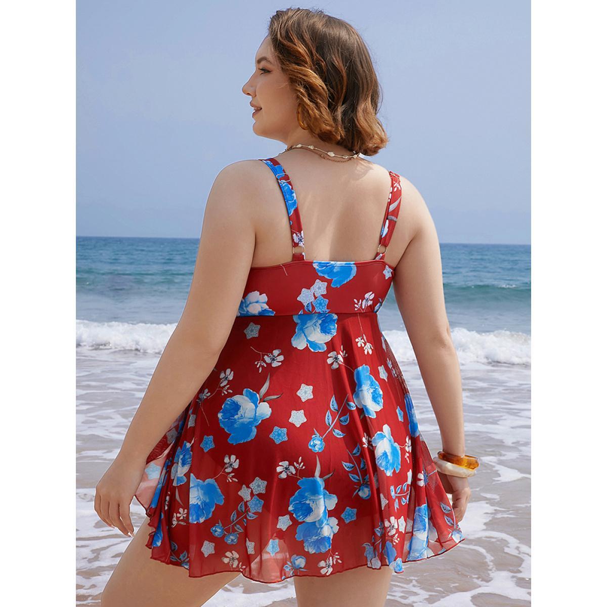 Plus Size Floral Print Split Front Ruched A Line Swim Dress Women's Swimwear Red Vacation Bodycon Round Neck High stretch Curve Swim Dresses BloomChic 22-24/3X Product Image
