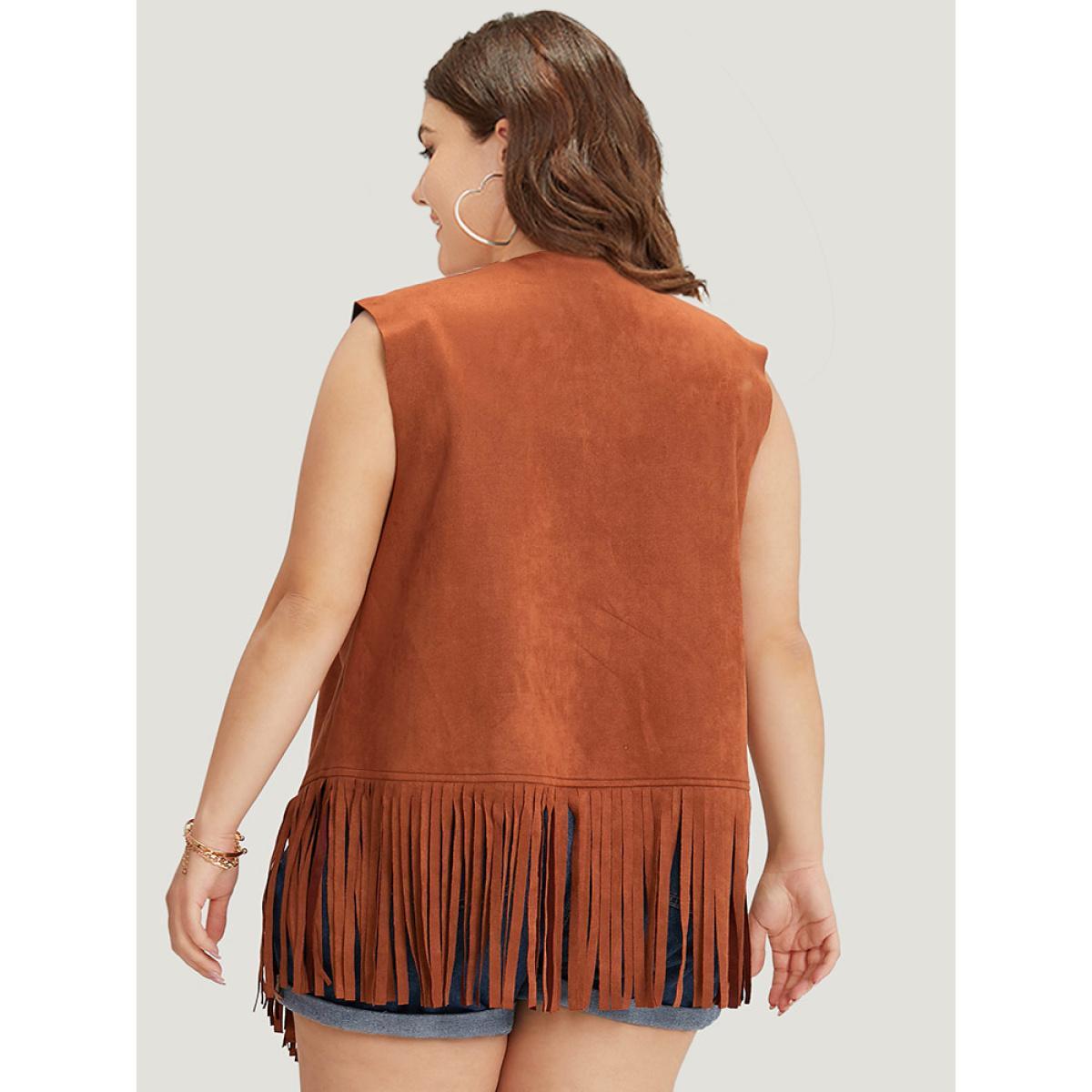 Plus Size Plain Laser Cut Tassel Trim Sleeveless Kimono Women Chocolate Vacation Tassels Dailywear Kimonos BloomChic 28/5X Product Image
