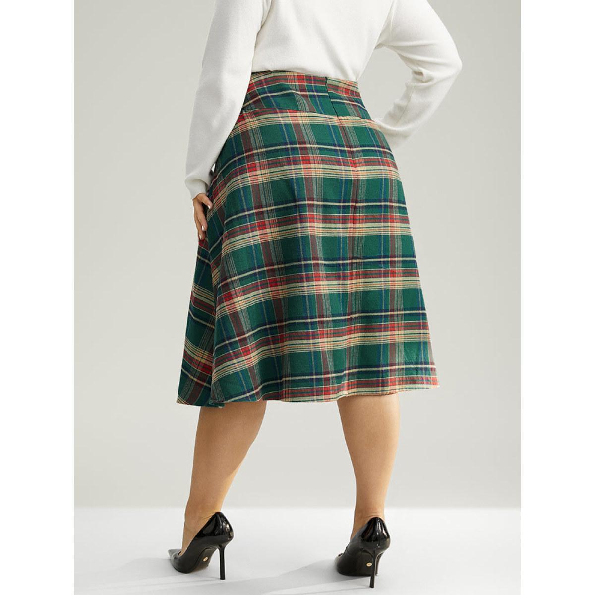 Plus Size Plaid Lace Up Pocket Cropped Skirt Women DarkGreen Party Style accents No stretch Pocket Festival-Christmas Skirts BloomChic 28/5X Product Image