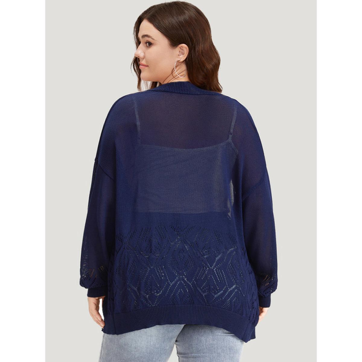 Plus Size Geometric Eyelet Button Through Elastic Cuffs Cardigan Navy Women Casual Loose Long Sleeve Everyday Cardigans BloomChic 12/L Product Image