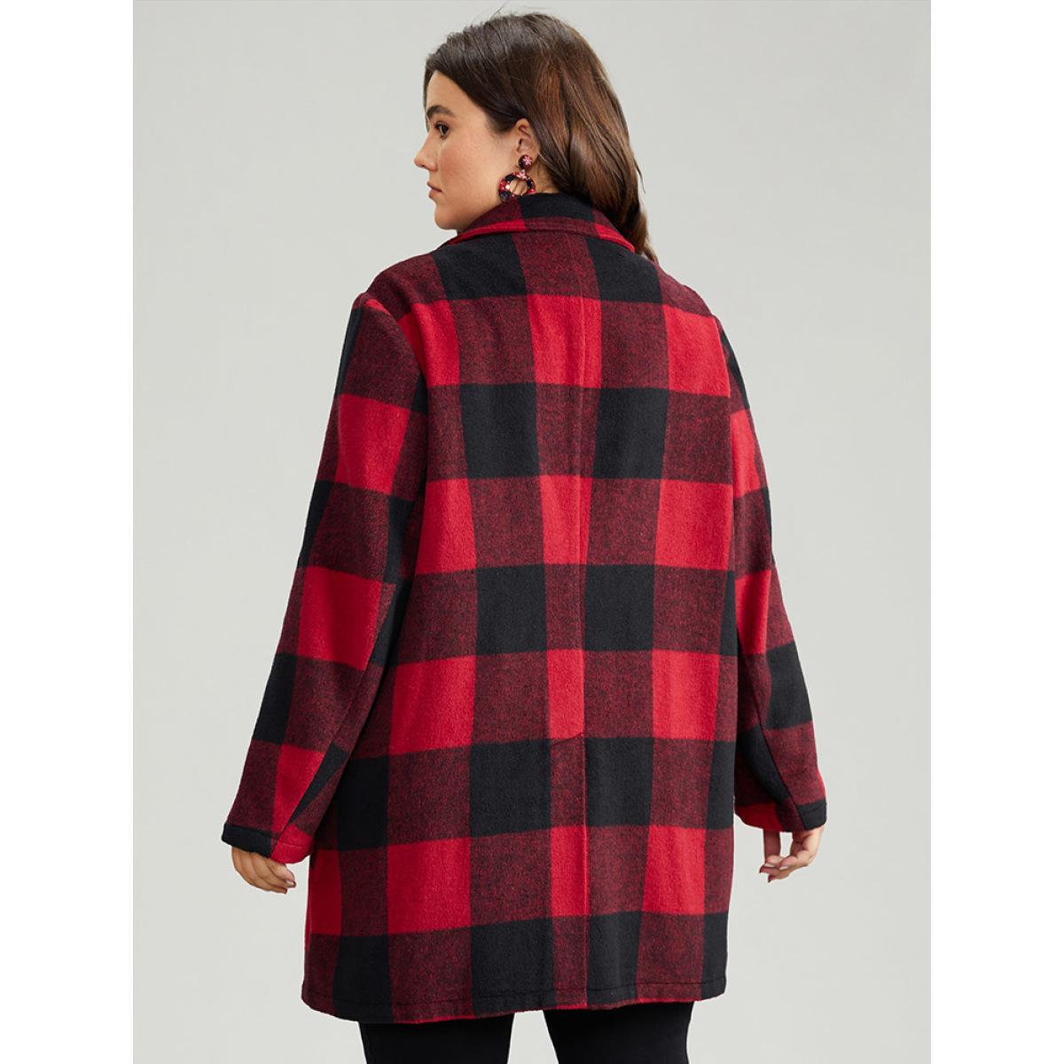 Plus Size Plaid Print Button Down Pocket Tunic Coat Women Crimson Casual Contrast Ladies Dailywear Winter Coats BloomChic 22-24/3X Product Image