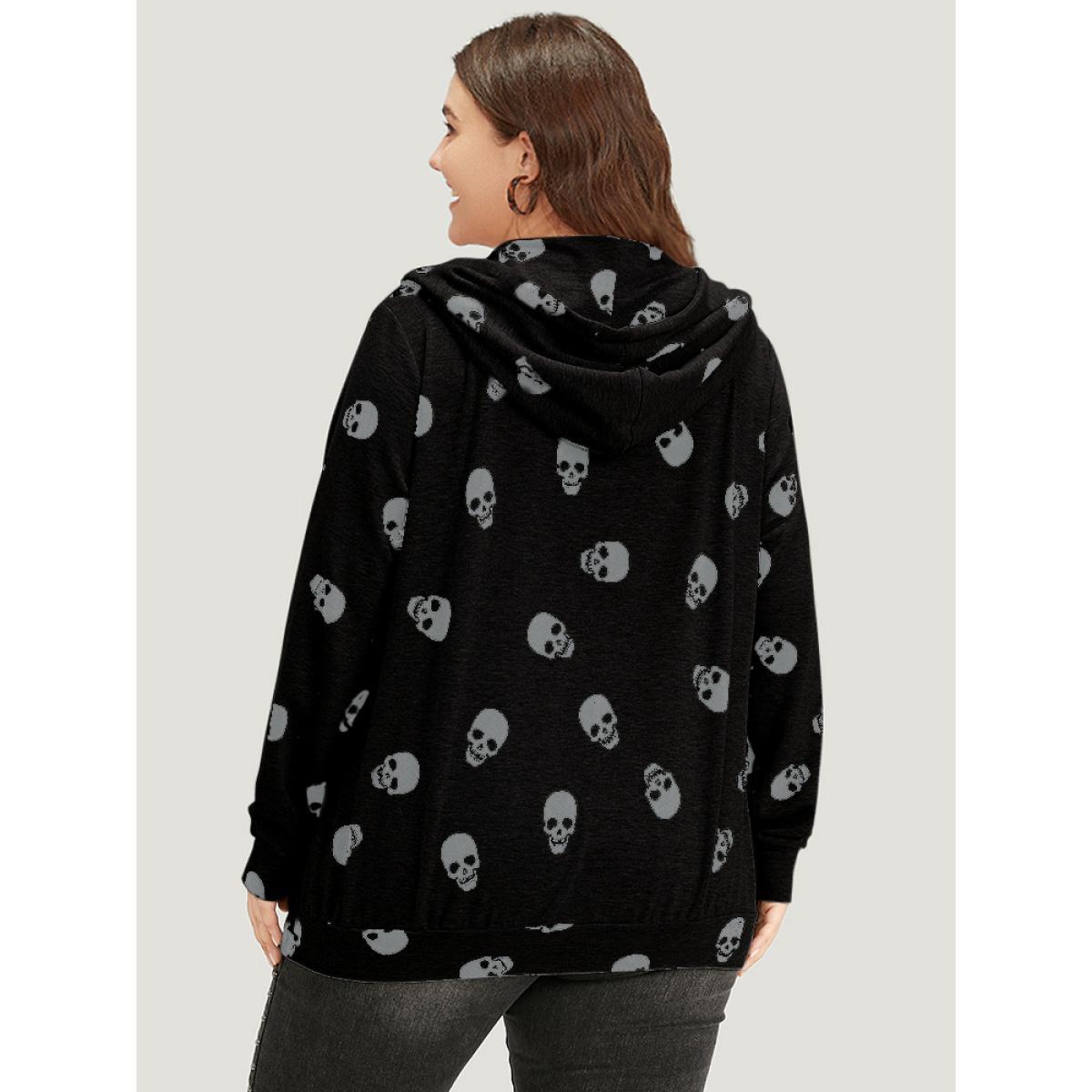 Plus Size Halloween Skull Print Pocket Zipper Hooded Sweatshirt Women Black Casual Elastic cuffs Hooded Festival-Halloween Sweatshirts BloomChic 26/4X Product Image