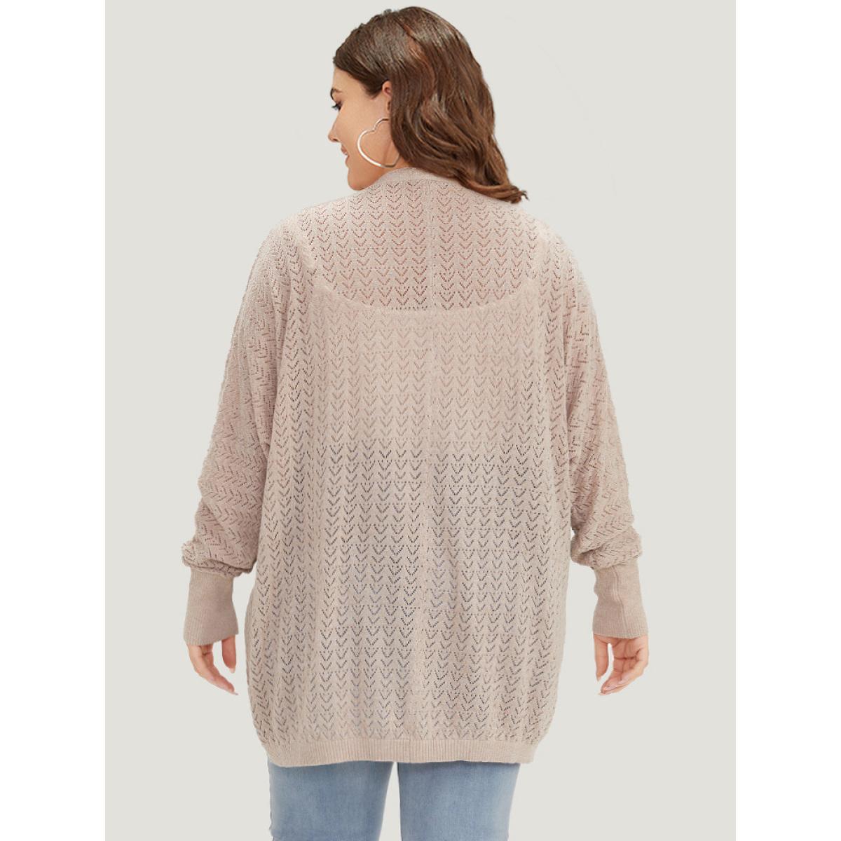 Plus Size Solid Hollow Out Open Front Arc Hem Cardigan LightBrown Women Casual Loose Long Sleeve Everyday Cardigans BloomChic 14-16/1X Product Image
