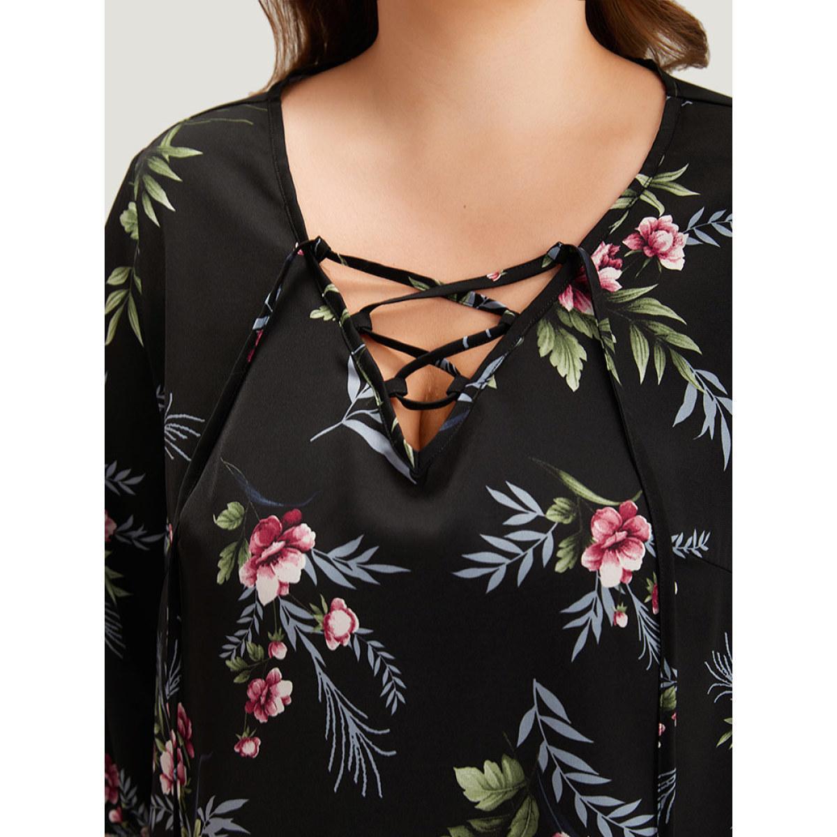 Plus Size Black Floral Print Lace Up Lantern Sleeve Blouse Women Elegant Half Sleeve V-neck Dailywear Blouses BloomChic 10/M Product Image