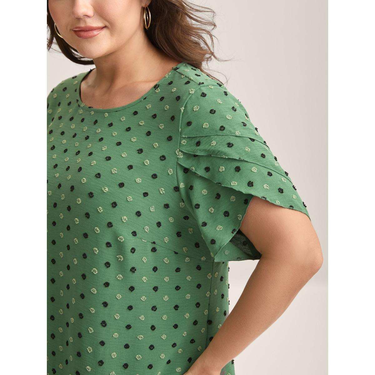 Plus Size Greenbean Textured Color Contrast Petal Sleeve Blouse Women Elegant Short sleeve Round Neck Everyday Blouses BloomChic 28/5X Product Image
