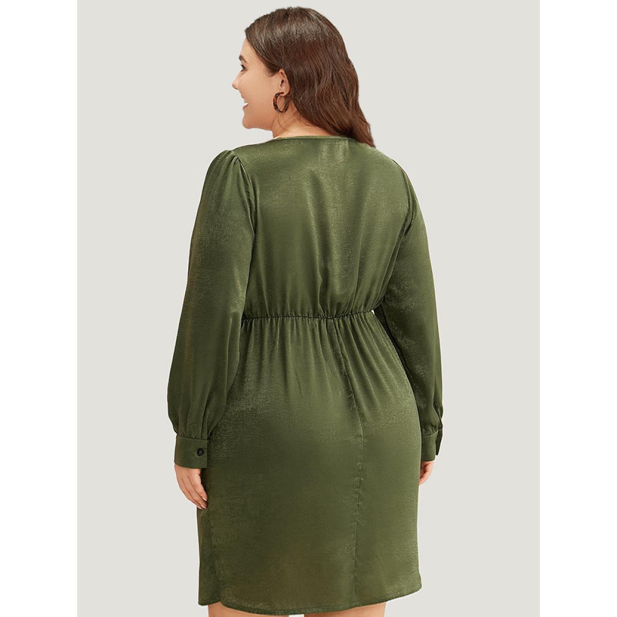 Plus Size Solid Wrap Twist Front Elastic Waist Dress ArmyGreen Women Office Plain V-neck Half Sleeve Curvy Knee Dress BloomChic 28/5X Product Image