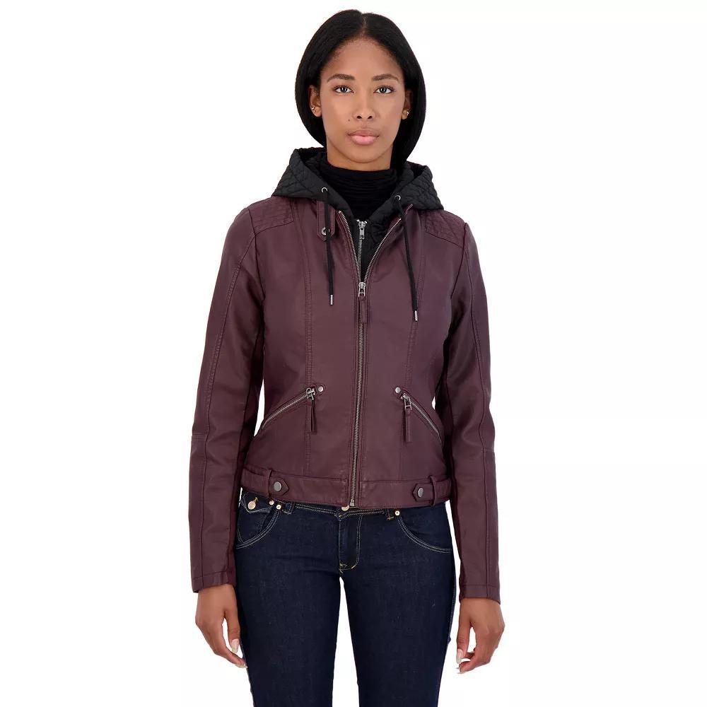 Women's Sebby Collection Hooded Faux-Leather Racing Jacket, Size: Medium, Red Product Image