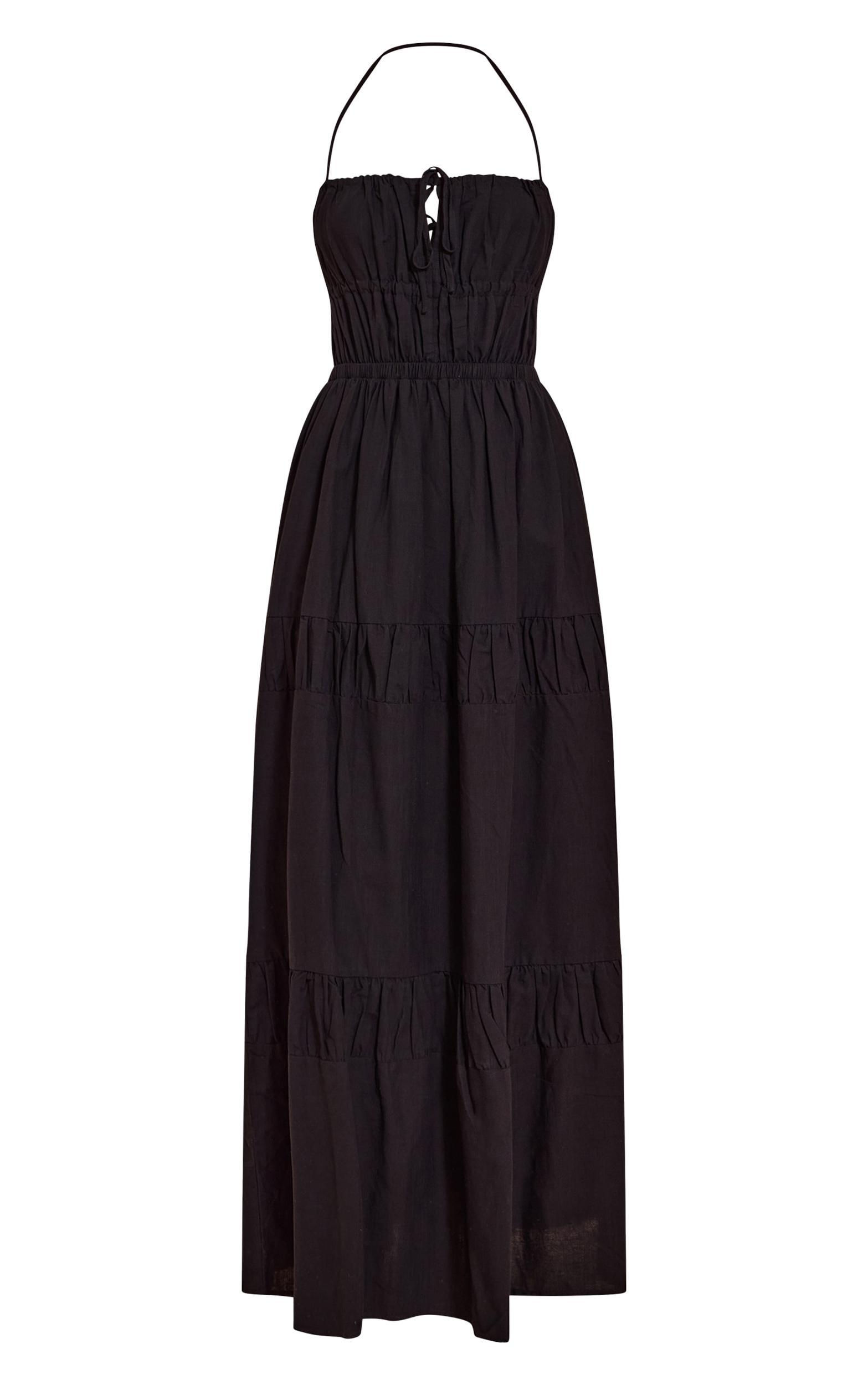 Black Ruched Backless Strappy Maxi Dress Product Image