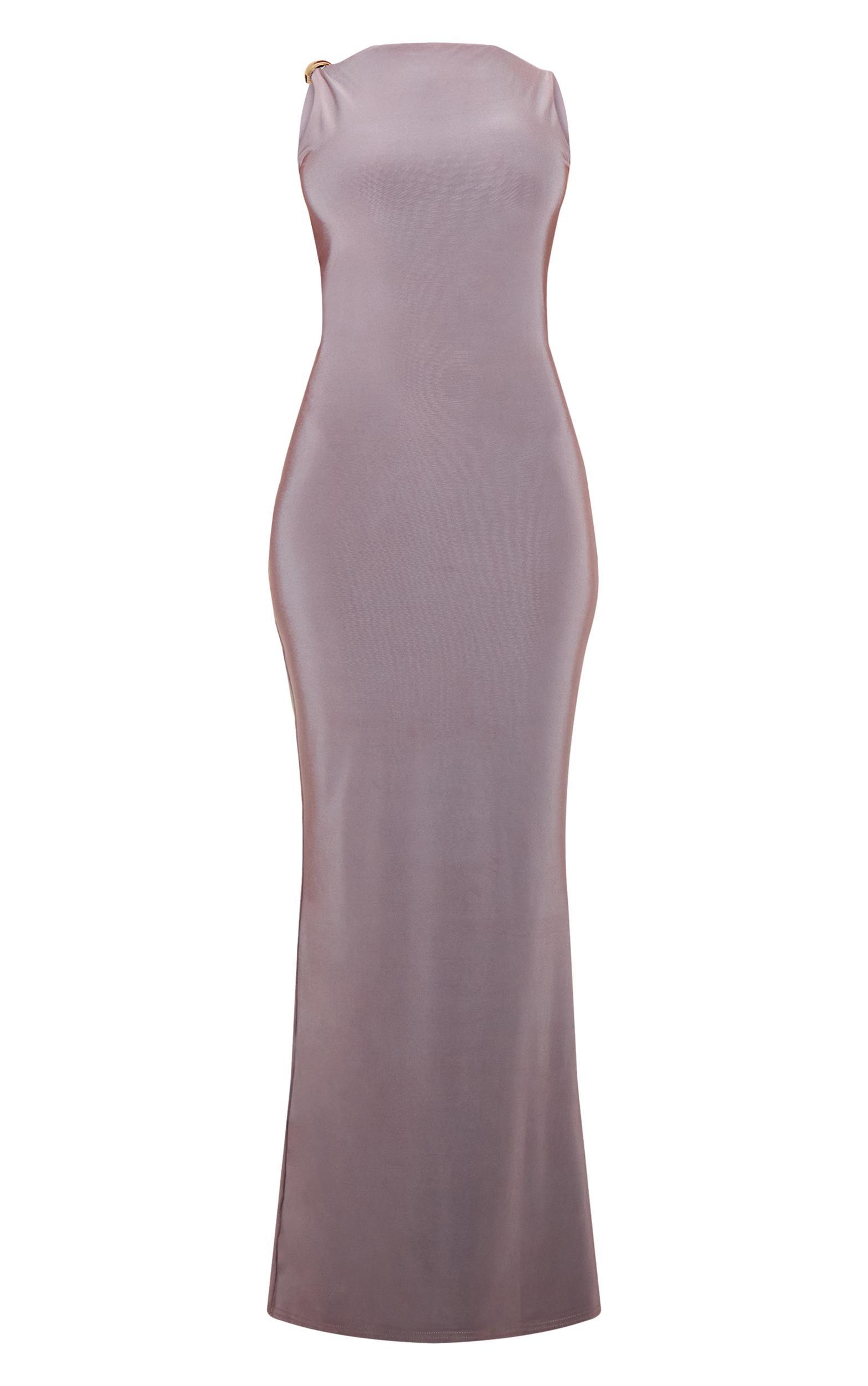 Petite Taupe Asymmetric Shoulder Gold Detail Maxi Dress Product Image