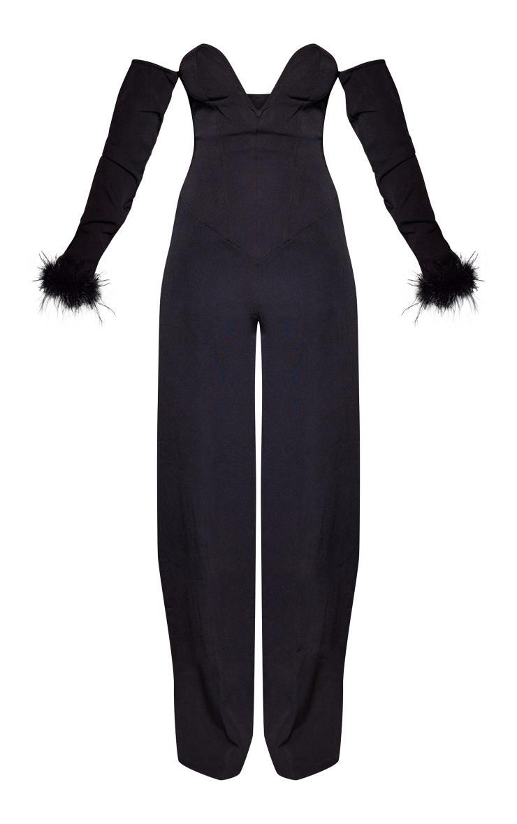 Tall Black Faux Feather Cuff Jumpsuit Product Image
