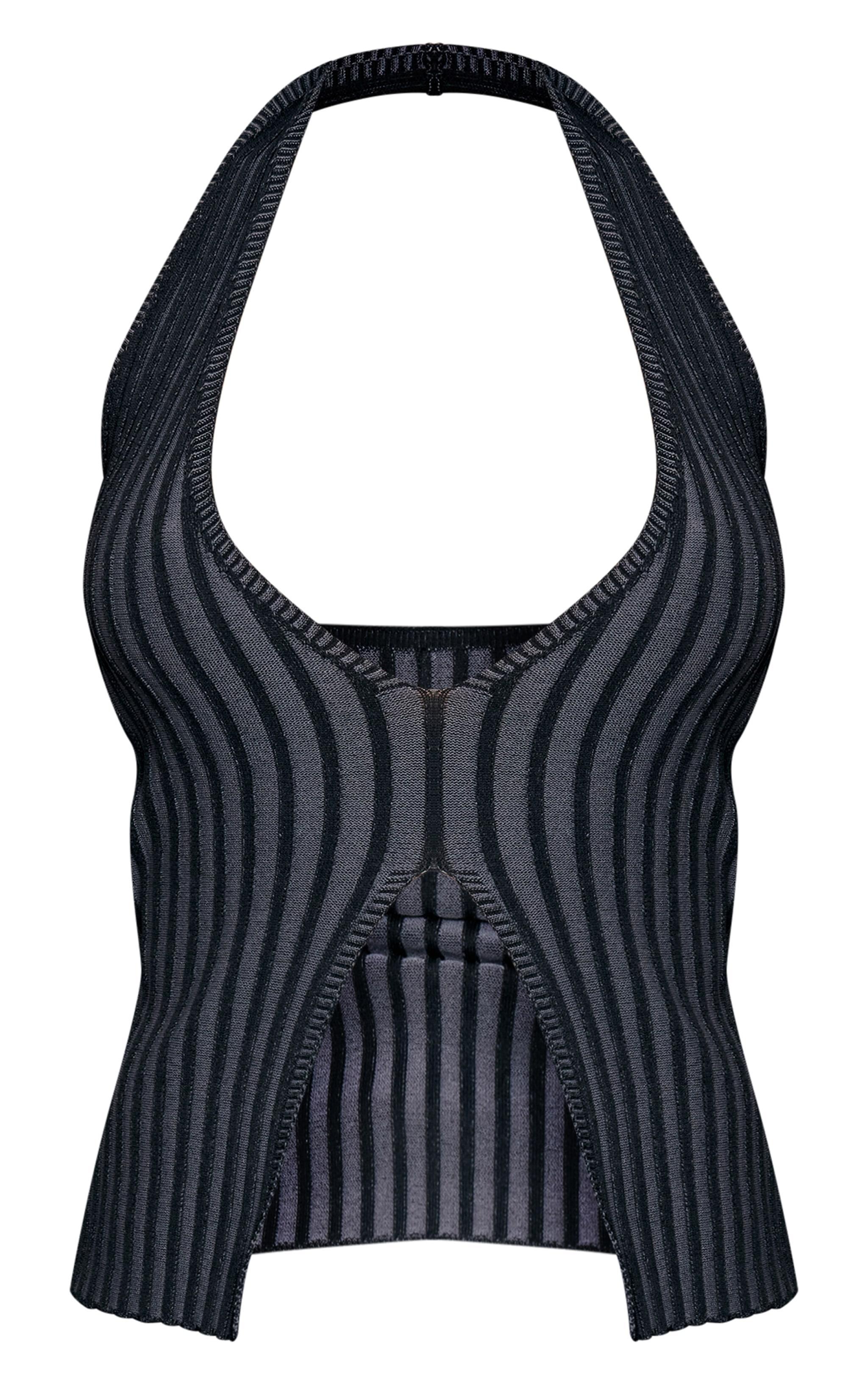 Black Two Tone Knit Halter Neck Split Top Product Image