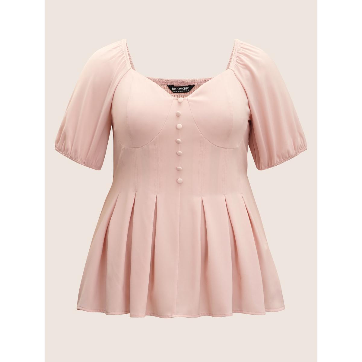 Plus Size MistyRose Solid Heart Neckline Pleated Button Detail Blouse Women Elegant Short sleeve Heart neckline Everyday Blouses BloomChic 22-24/3X Product Image